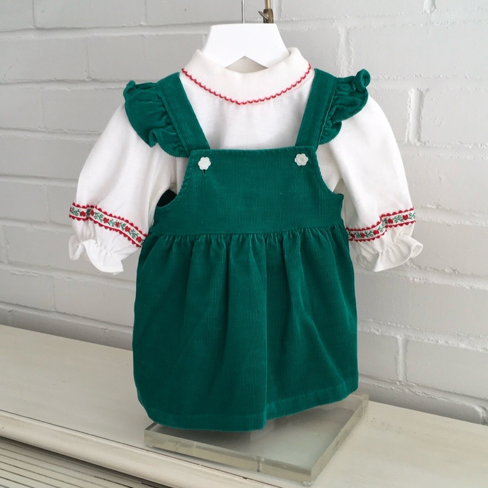 Classic Vintage Green Corduroy Pinafore Dress With Matching White Top Size 12M